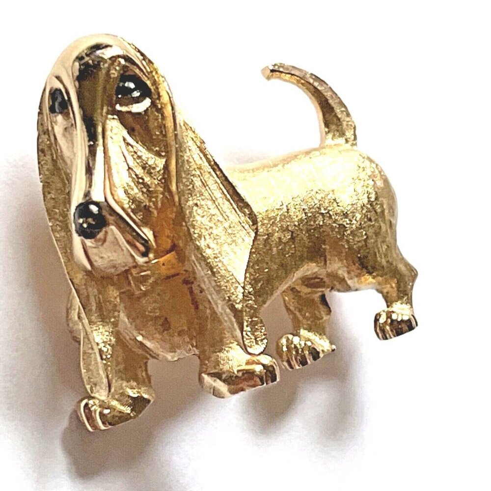 Marcel BOUCHER Basset Hound Figural Pin Brooch Gold Toned Signed Vintage